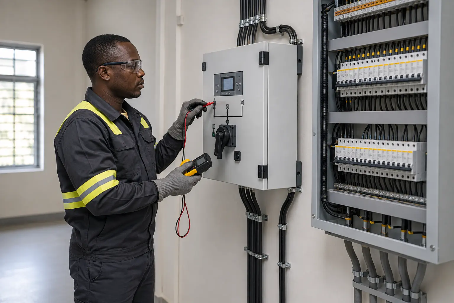 Representative image of an African engineer testing an automatic changeover panel