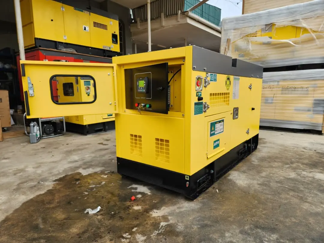 Enclosed standby generator with its control compartment open for inspection