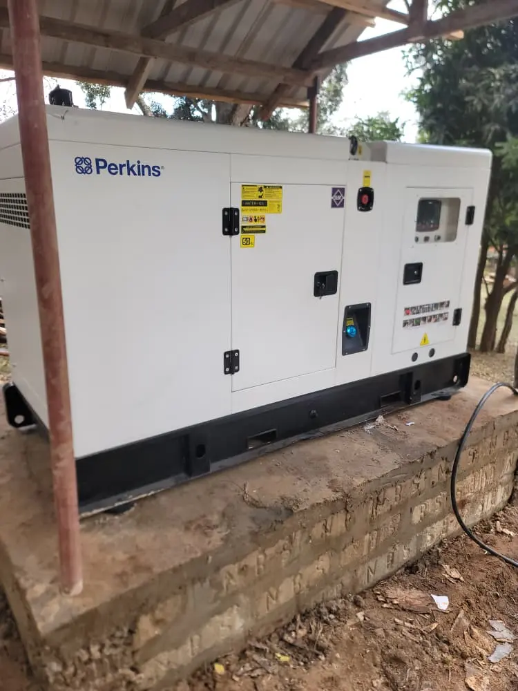White enclosed standby generator installed beneath a shelter