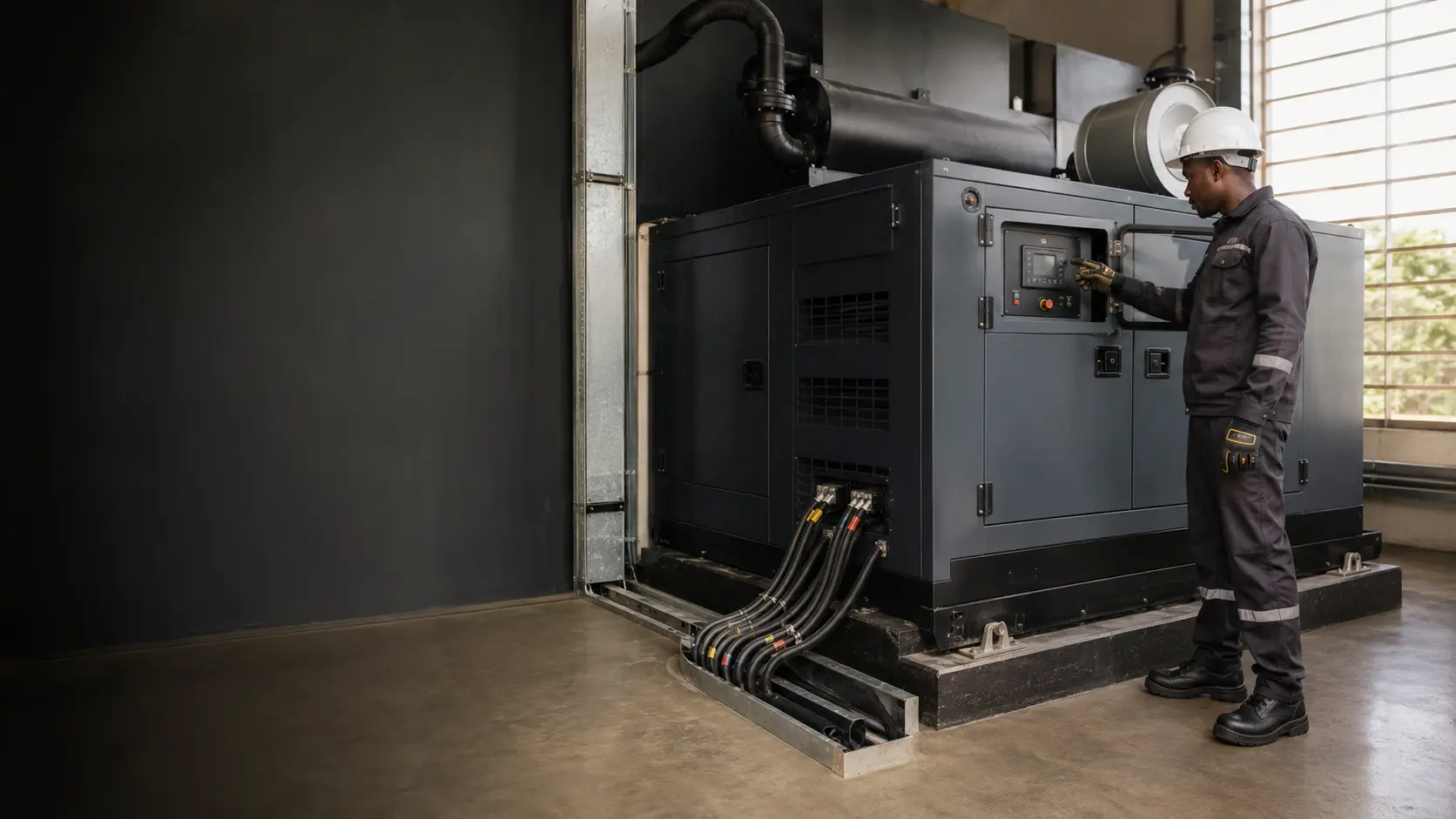 Representative image of an African electrical engineer inspecting a commercial standby generator
