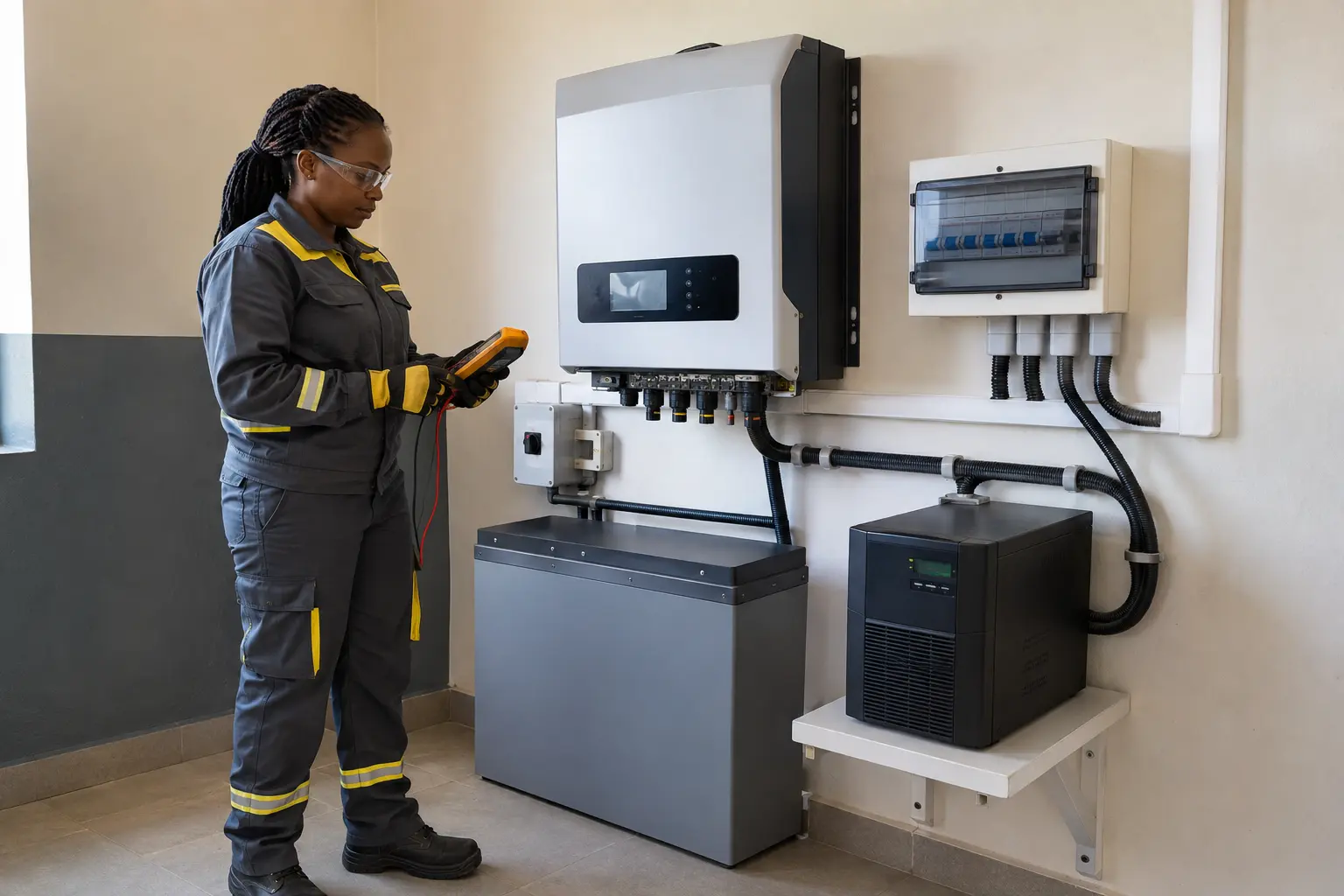 Representative image of an African electrical engineer inspecting a backup-power installation