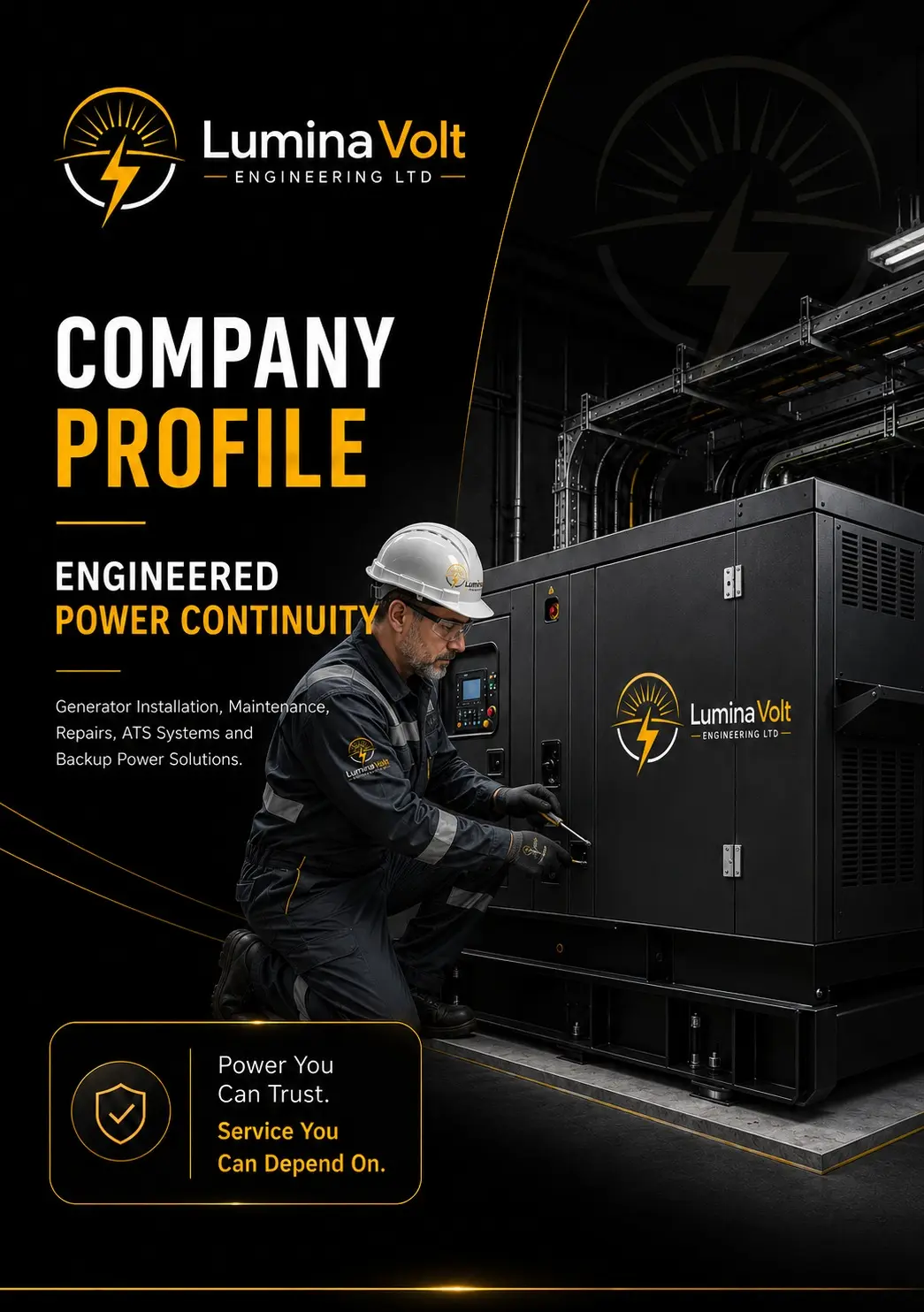 LuminaVolt engineer beside a generator installation